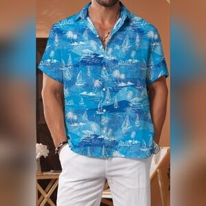 KYKU Men's Button Down Short Sleeve Tropical Hawaiian Shirt, Blue & White SMALL
